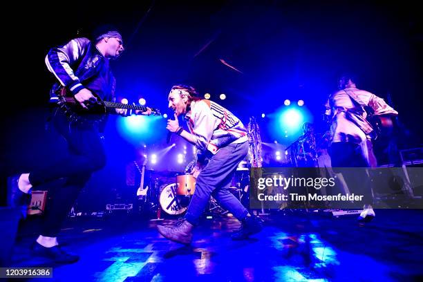 Zambricki Li, Austin Bisnow, and Zang of Magic Giant perform during the "Band of Brothers Roadshow tour" at Ace of Spades on February 03, 2020 in...