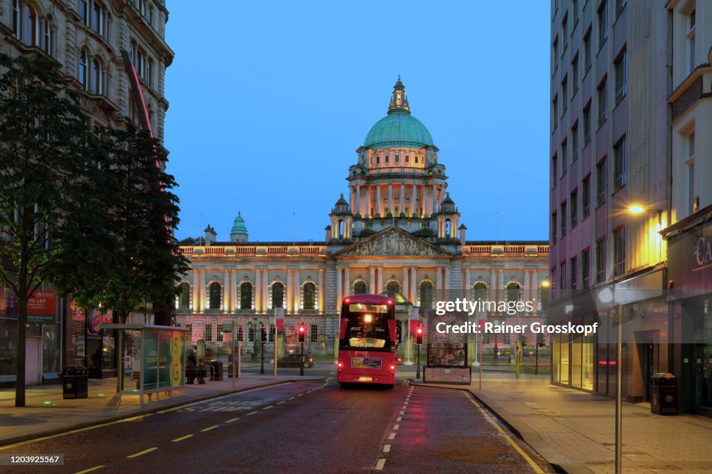 City Hall of Belfast illuminated at dusk