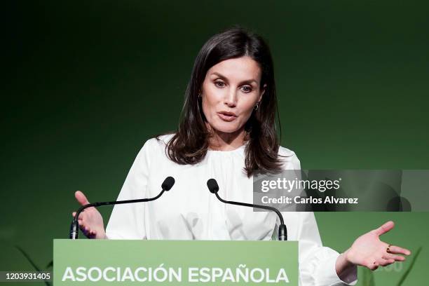 Queen Letizia of Spain attends the forum against cancer 'El impacto economico y social del cancer en España' at Fabrica Tapices on February 04, 2020...