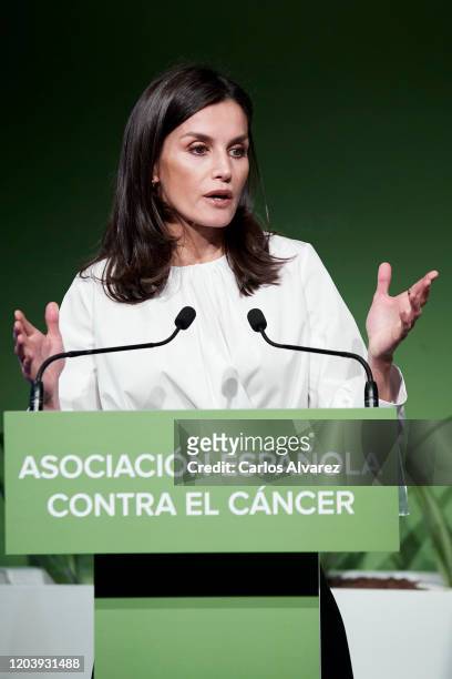 Queen Letizia of Spain attends the forum against cancer 'El impacto economico y social del cancer en España' at Fabrica Tapices on February 04, 2020...