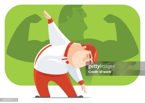 fat man stretching and thinking - overweight man exercising stock illustrations