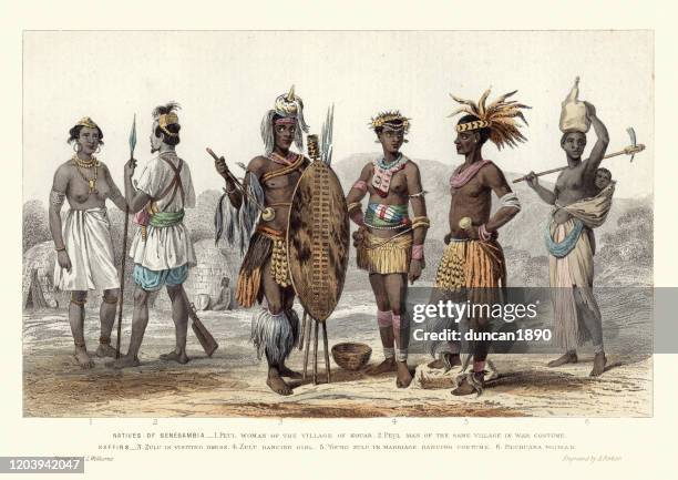 ilustraciones, imágenes clip art, dibujos animados e iconos de stock de trajes de moda africana, senegambia, hombres y mujeres zulúes, 1870 - senegal