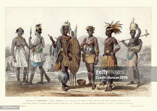 stockillustraties, clipart, cartoons en iconen met afrikaanse modekostuums, senegambia, zulu mannen en vrouwen, jaren 1870 - zulu women