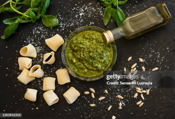 pesto sauce, basil, pine nuts, rigatoni, cheese flakes - pesto sauce stock pictures, royalty-free photos & images