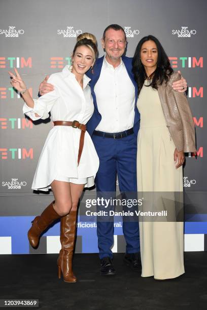 Diletta Leotta, Amadeus and Rula Jebreal attend a photocall at the 70° Festival di Sanremo at Teatro Ariston on February 04, 2020 in Sanremo, Italy.