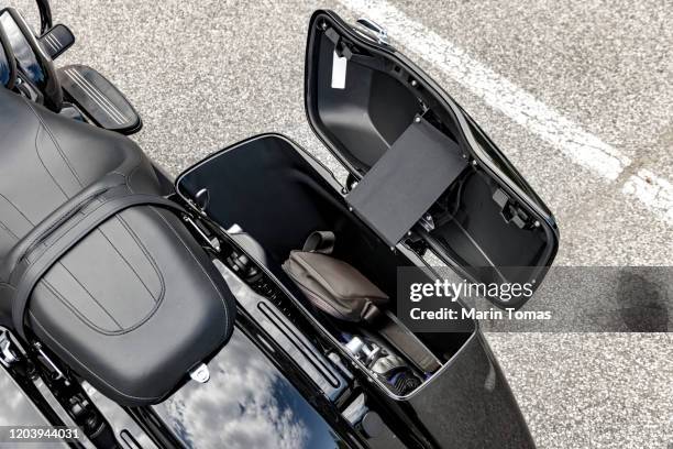 motorcycle side bag - luggage rack stock-fotos und bilder