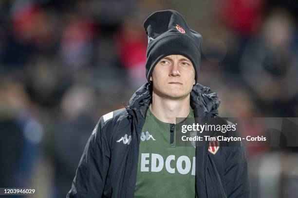 February 01: Aleksandr Golovin of Monaco heads to the bench before the start of the Nimes V Monaco, French Ligue 1, regular season match at Stade des...