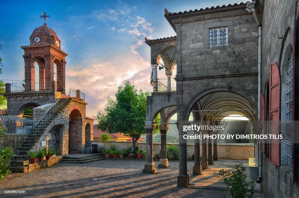 Bell tower and church balcony at Vatousa