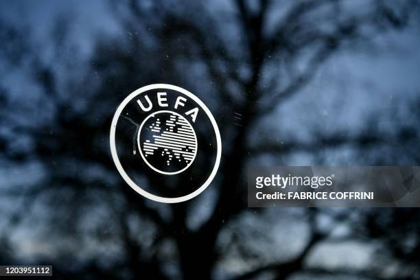 This picture shows the UEFA logo at the organization's headquarters in Nyon on Febraury 28, 2020.