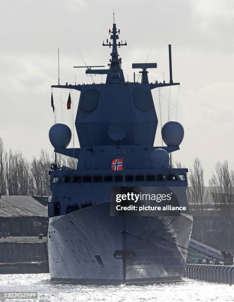 February 2020, Mecklenburg-Western Pomerania, Warnemünde: The Norwegian frigate "Otto Sverdrup" lies in the harbour. It is one of two ships of the...