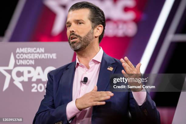 Donald Trump Jr., son of President Donald Trump, speaks on stage during the Conservative Political Action Conference 2020 hosted by the American...