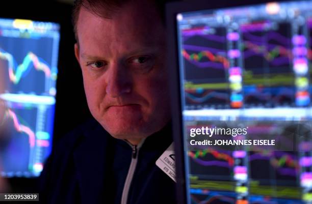 Traders work during the opening bell at the New York Stock Exchange on February 28, 2020 at Wall Street in New York City. - Losses on Wall Street...