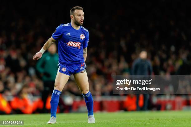 Mathieu Valbuena of Olympiacos FC looks on during the UEFA Europa League round of 32 second leg match between Arsenal FC and Olympiacos FC at...