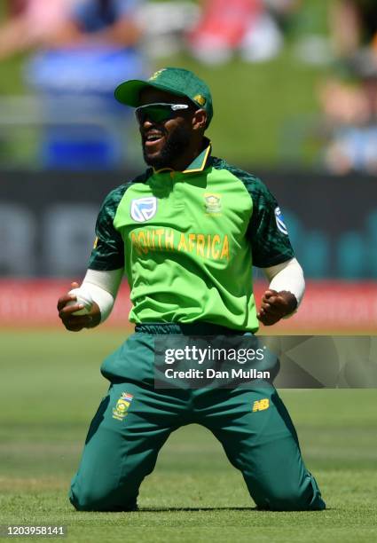 Temba Bavuma of South Africa celebrates after taking the catch of Eoin Morgan of England during the First One Day International match between South...