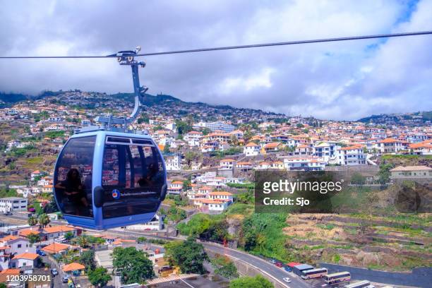 cable car in funchal from the seaside to monte on madeira island portugal - monte stock pictures, royalty-free photos & images