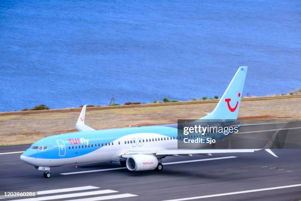 tui boeing 737 flugzeug bereitet start vom flughafen cristiano ronaldo auf madeira insel, portugal - tui ag stock-fotos und bilder