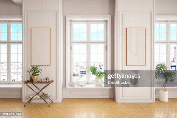 empty modern classic white interior room with windows - unfurnished stock pictures, royalty-free photos & images