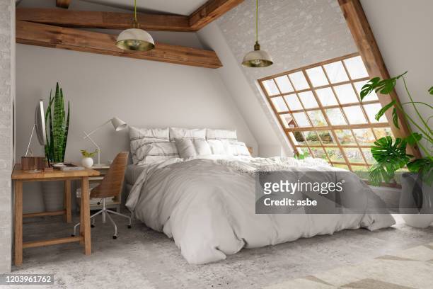 intérieur de chambre vide de style scandinave de style - king size bed photos et images de collection