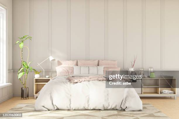 stile scandinavo loft vuoto camera da letto interno - letto matrimoniale foto e immagini stock