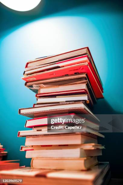 bibliothèque - piles de livres - pile de livres stockfoto's en -beelden