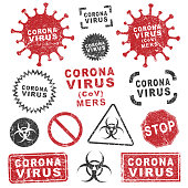 MERS Corona Virus warning icon shape. biological hazard logo symbol. Contamination epidemic virus danger sign. vector illustration. Isolated on white background. china, wuhan disease. Grunge stamp ink