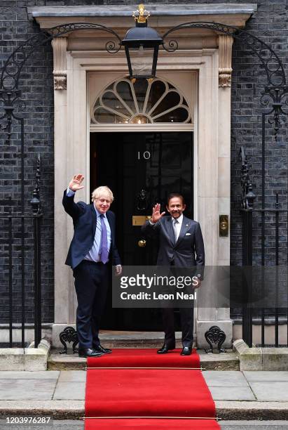 British Prime Minister Boris Johnson greets the Sultan of Brunei Hassanal Bolkiah during an official visit to Downing Street on February 04, 2020 in...