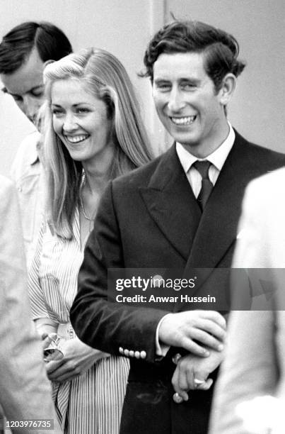 Prince Charles, the Prince of Wales and Lady Penelope Romsey arrive at the Guards Polo Club on June 01, 1975 in Windsor, England.