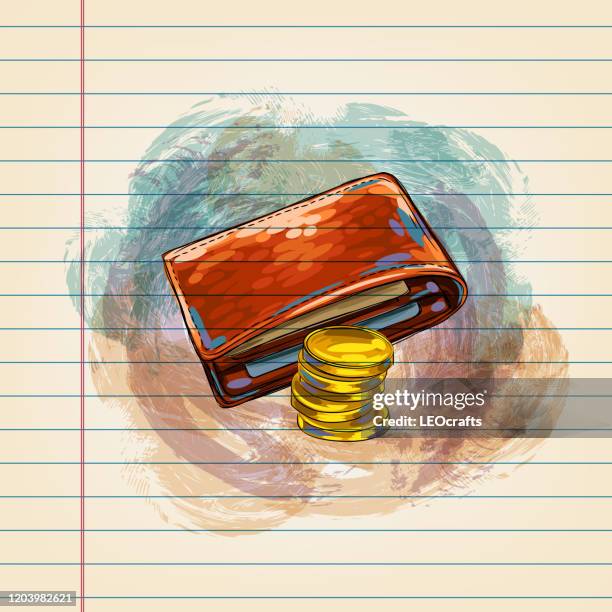 wallet and coins drawing on ruled paper - copper art india stock illustrations