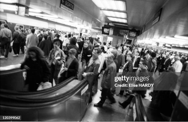 Transportation in Paris, France in 2003 - Users waiting on the platform of the RER at the station Chatelet-Les Halles.