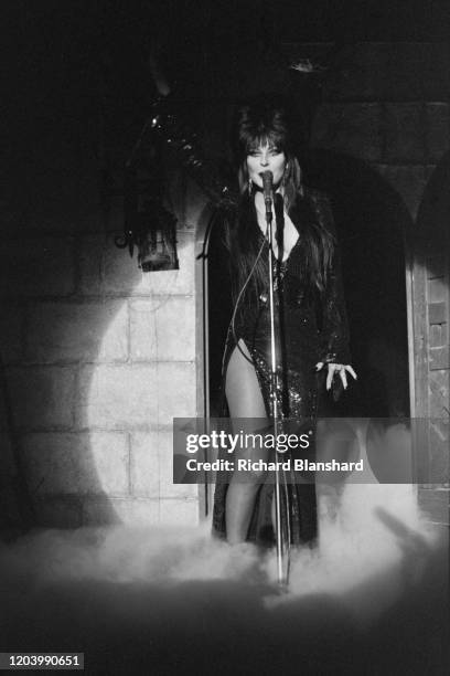American actress Cassandra Peterson as Elvira, Mistress of the Dark, in Cannes, France, 1987.