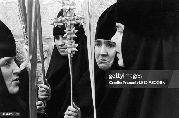 Russian orthodox nuns in Jerusalem , Israel in 1982 - Russian orthodox nuns on Palm Sunday.