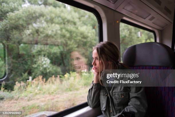 lost in thought - reflection in train window stock pictures, royalty-free photos & images