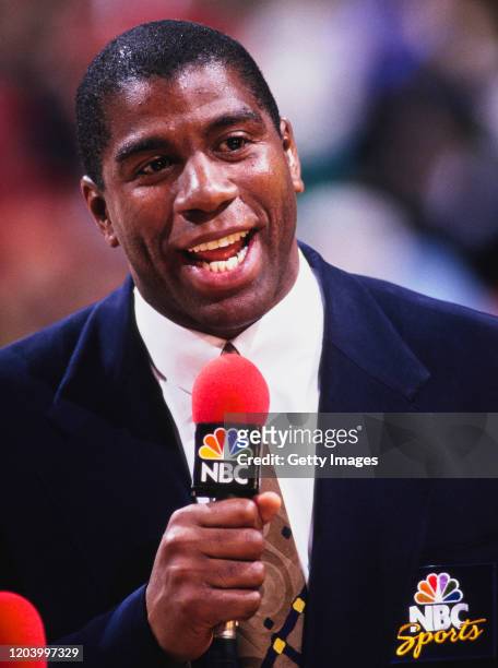 Basketball player Earvin "Magic" Johnson as a courtside analyst commentator for NBC Sports television during the Eastern Conference and the Western...