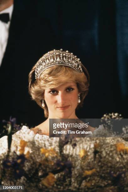 Diana, Princess of Wales attends an official dinner at the Hotel Nova Scotian in Halifax , hosted by Pierre Trudeau, the Prime Minister of Canada,...