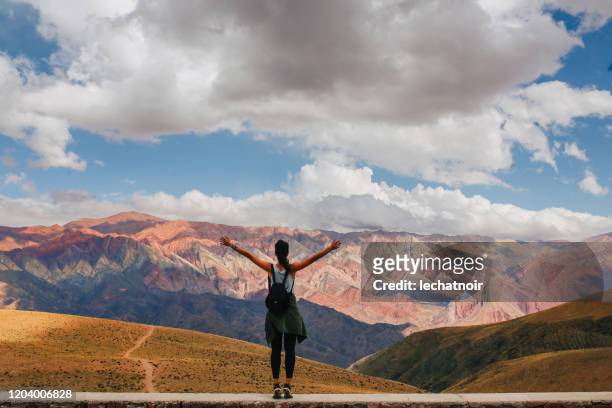 tourist woman in the mountains of argentina - província de jujuy imagens e fotografias de stock