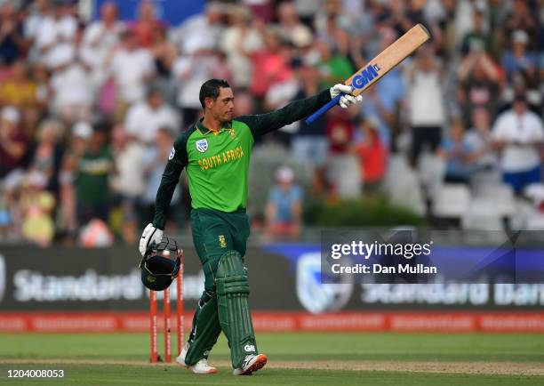 Quinton de Kock of South Africa celebrates reaching his century during the First One Day International match between South Africa and England at...