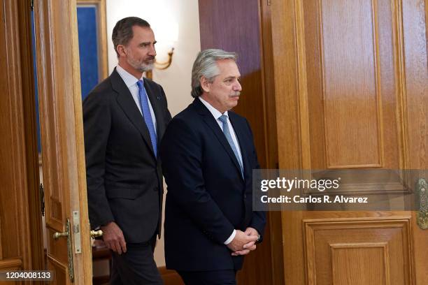 King Felipe VI of Spain receives Argentine president Alberto Fernandez at Zarzuela Palace on February 04, 2020 in Madrid, Spain.