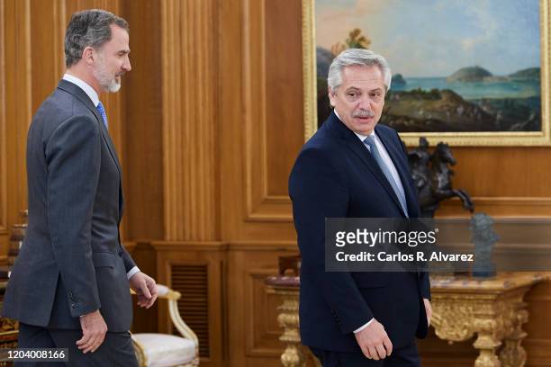 King Felipe VI of Spain receives Argentine president Alberto Fernandez at Zarzuela Palace on February 04, 2020 in Madrid, Spain.