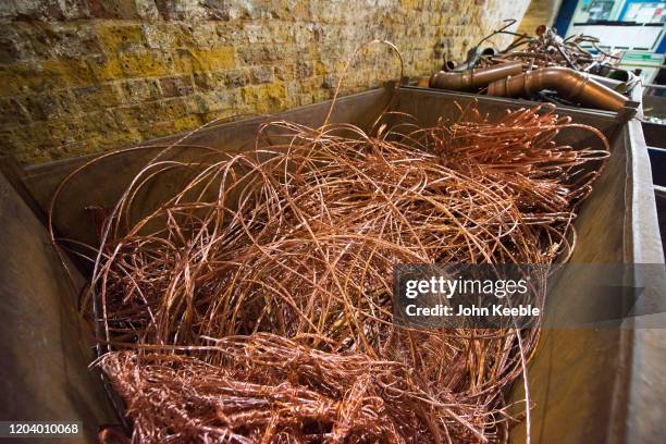 Crate full of scrap copper bright wire at a scrap metal yard on February 4, 2020 in London, England.