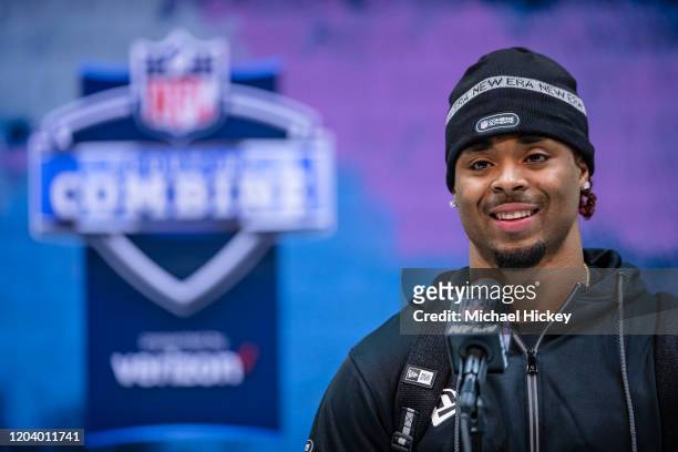 Damon Arnette #DB01 of the Ohio State Buckeyees speaks to the media on day four of the NFL Combine at Lucas Oil Stadium on February 28, 2020 in...