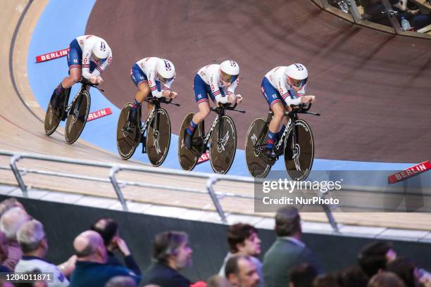 Laura Kenny,Elinor Barker,Katie Archibald,Eleanor Dickinson compete during day 3 of the UCI Track Cycling World Championships Berlin at Velodrom on...