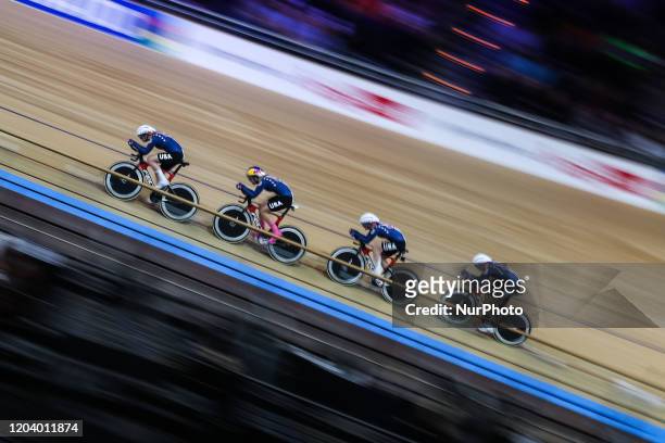 Jennifer Valente,Chloe Dygert,Emma White,Lily Williams compete during day 3 of the UCI Track Cycling World Championships Berlin at Velodrom on...