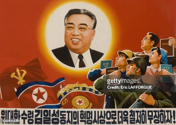 Propaganda Poster With Kim Il Sung in North Korea - A very famous poster that can be seen everywhere around the country with former President Kim Il...