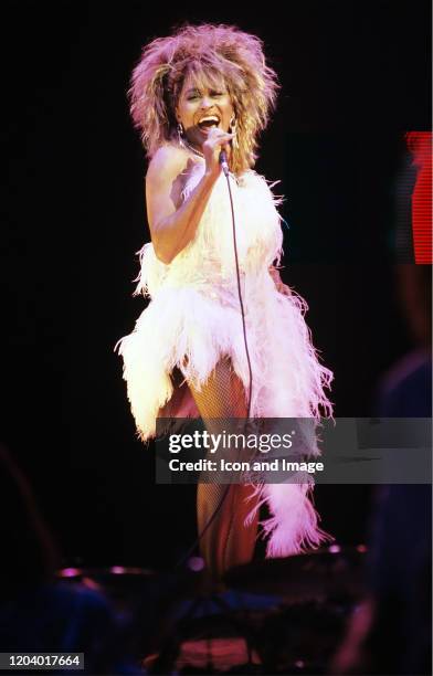 American-Swiss singer and actress, Tina Turner performs at the Joe Louis Arena during her "Private Dancer Tour" on August 18 in Detroit, Michigan.