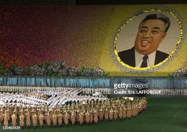Arirang mass games in North Korea on September 09, 2008 - The mass games see 100,000 people performing a choreographed show of simultaneous dancing...