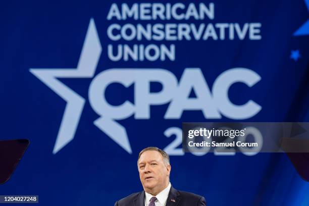 Secretary of State Mike Pompeo speaks at the Conservative Political Action Conference 2020 hosted by the American Conservative Union on February 28,...