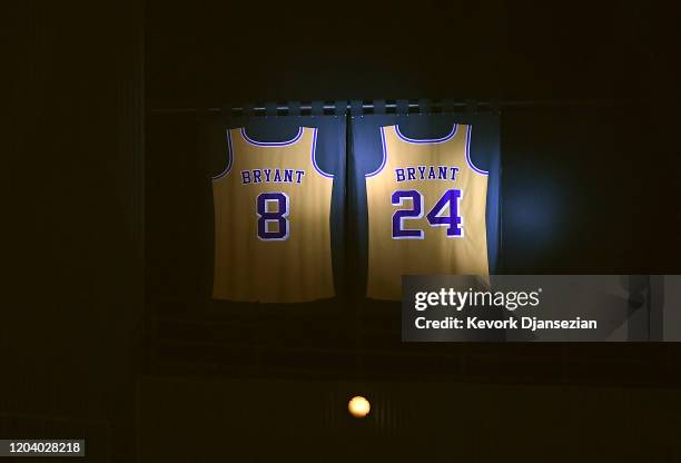 Los Angeles Clippers honor Kobe Bryant by lighting up his retired Los Angeles Lakers jersey at Staples Center on February 1, 2020 in Los Angeles,...