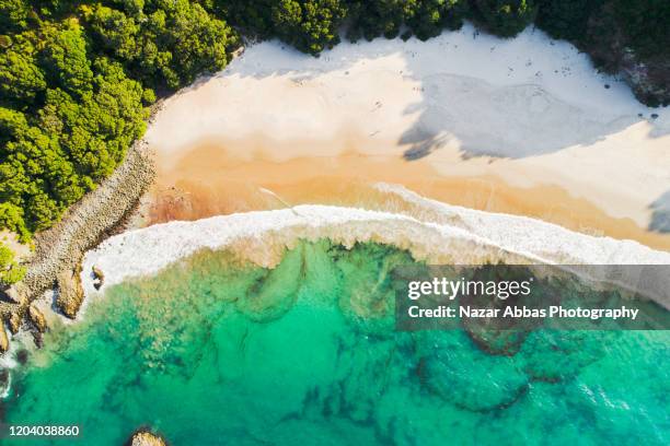 aerial view of new chums beach, coromandel peninsula, new zealand. - coromandel stock pictures, royalty-free photos & images