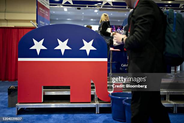 The Republican Party elephant mascot sits on display in the exhibition hall during the Conservative Political Action Conference in National Harbor,...