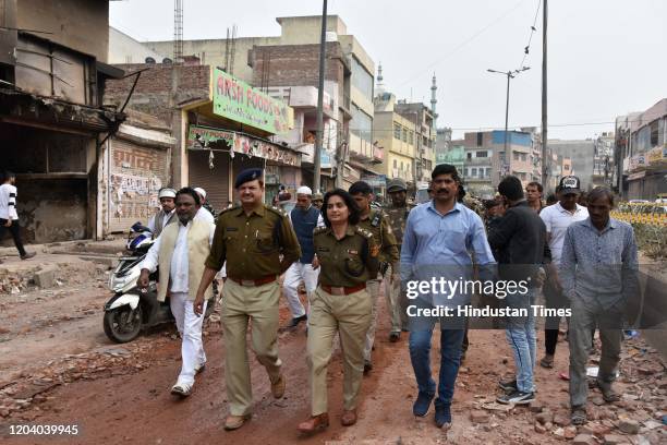 Security personnel patrol streets following Tuesday's violence over the Citizenship Amendment Act , at Khajuri Khas on February 28, 2020 in New...